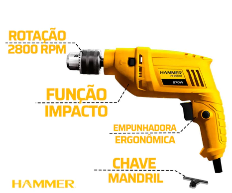 Furadeira De Impacto Eletrica Uso Profissional Hammer