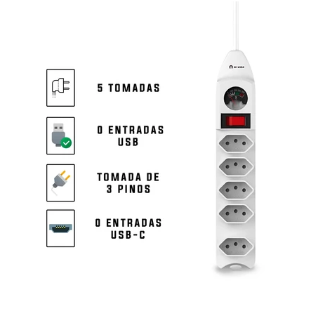 Extensão Elétrica 5 Tomadas 1,8m, 2500W, Botão Liga/Desliga, Segurança e Economia de Energia