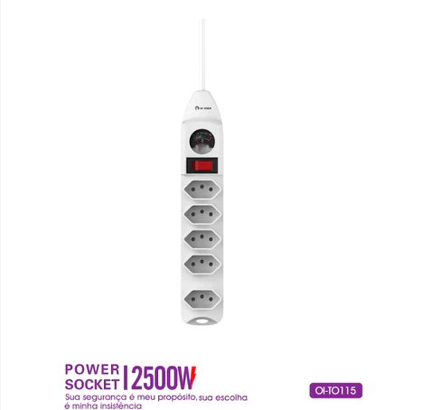 Extensão Elétrica 5 Tomadas 1,8m, 2500W, Botão Liga/Desliga, Segurança e Economia de Energia