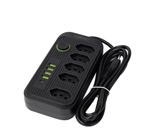 COIBEU Extensão Elétrica 2m/5m 10A 5 Tomadas 4 USB 1 Tipo-C Universal Bivolt Power 110v/220v WKC-541