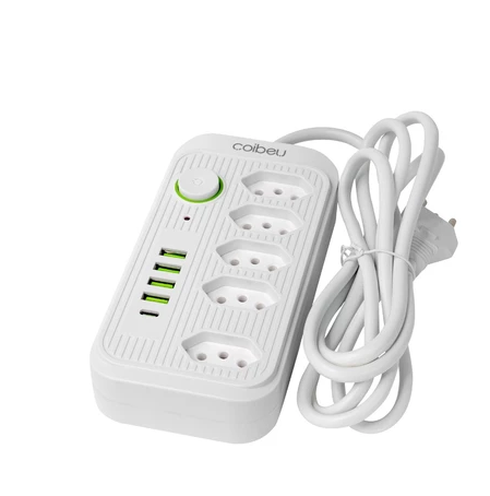 COIBEU Extensão Elétrica 2m/5m 10A 5 Tomadas 4 USB 1 Tipo-C Universal Bivolt Power 110v/220v WKC-541