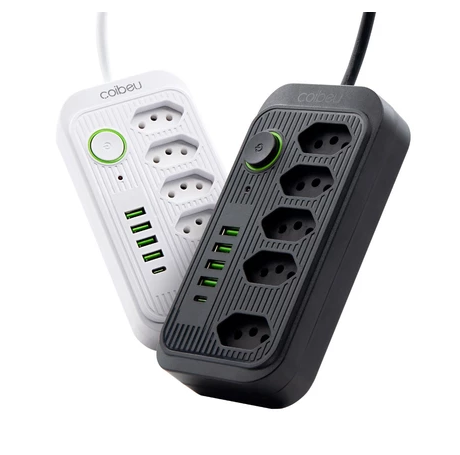 COIBEU Extensão Elétrica 2m/5m 10A 5 Tomadas 4 USB 1 Tipo-C Universal Bivolt Power 110v/220v WKC-541