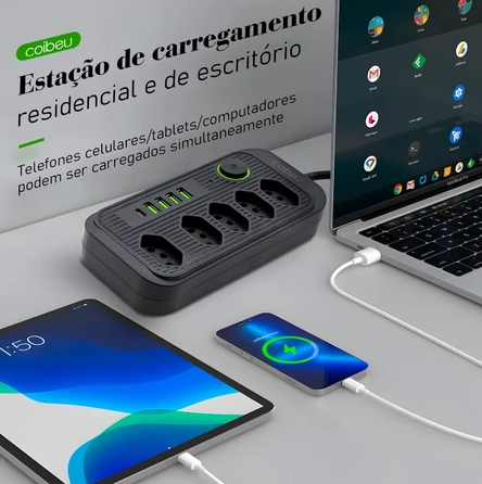 COIBEU Extensão Elétrica 2m/5m 10A 5 Tomadas 4 USB 1 Tipo-C Universal Bivolt Power 110v/220v WKC-541