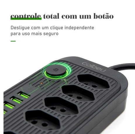 COIBEU Extensão Elétrica 2m/5m 10A 5 Tomadas 4 USB 1 Tipo-C Universal Bivolt Power 110v/220v WKC-541