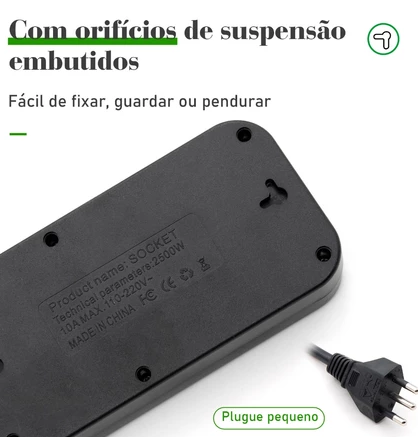 COIBEU Extensão Elétrica 2m/5m 10A 5 Tomadas 4 USB 1 Tipo-C Universal Bivolt Power 110v/220v WKC-541